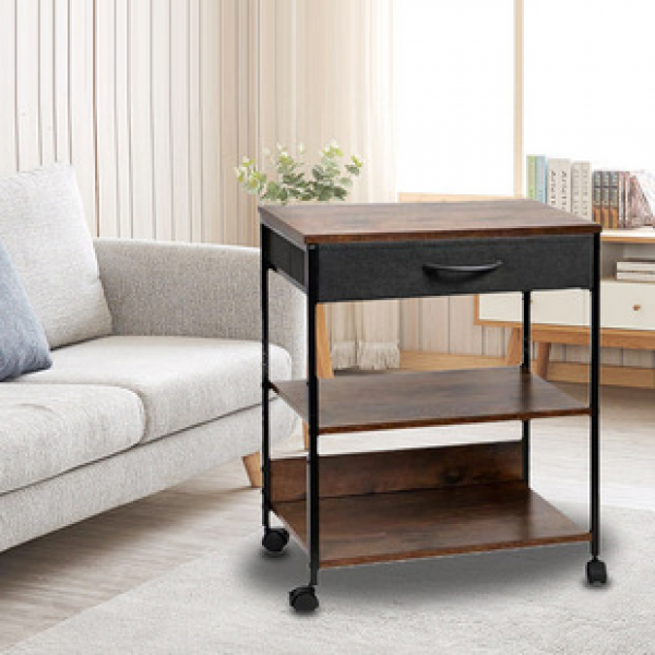 Iron wood combined storage rack for household living room, movable small cart for bedroom headboard with drawer storage rack