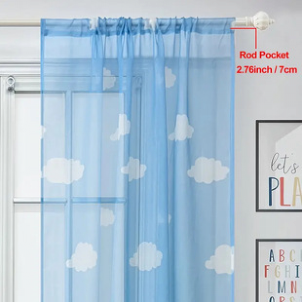 1PC new blue starry sky cloud children's window curtain, living room bedroom decoration curtain, personalized pole window screen curtain