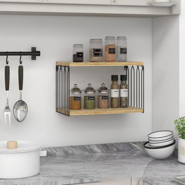 Home kitchen wall mounted spice rack, home spice rack, wall decoration creative double-layer iron wood combined storage rack
