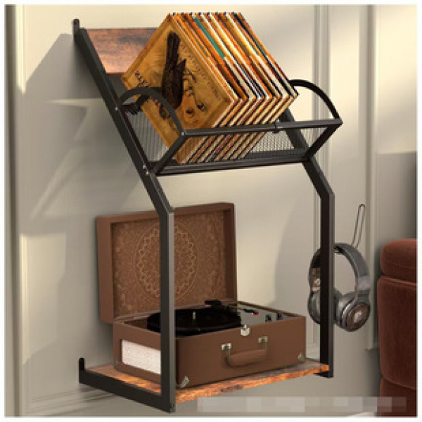 Iron wood wall mounted vinyl record holder, magazine book organizer, desktop shelf, American style iron wood combined bookshelf