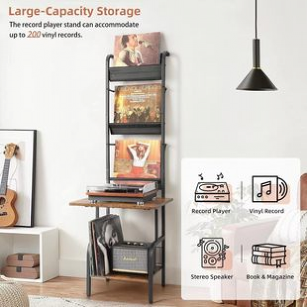 Factory direct sales of new iron wood combined retro multi-layer vinyl record storage rack, vertical turntable CD storage rack