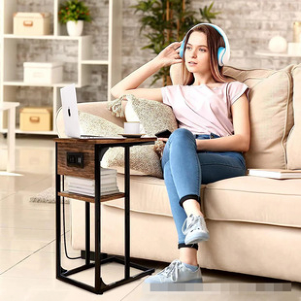 Cross border living room iron tea table sofa mobile table hotel bedside cabinet iron wood structure rechargeable bedside table