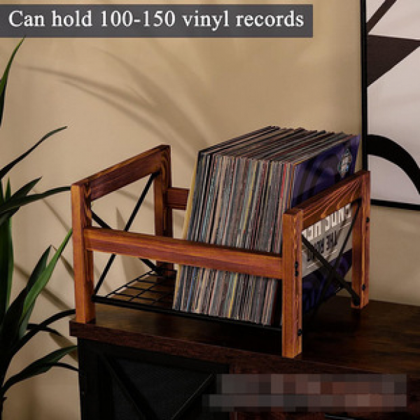 Small bookshelf solid wood storage rack, iron wood combined record rack, desktop storage rack, vinyl record display rack
