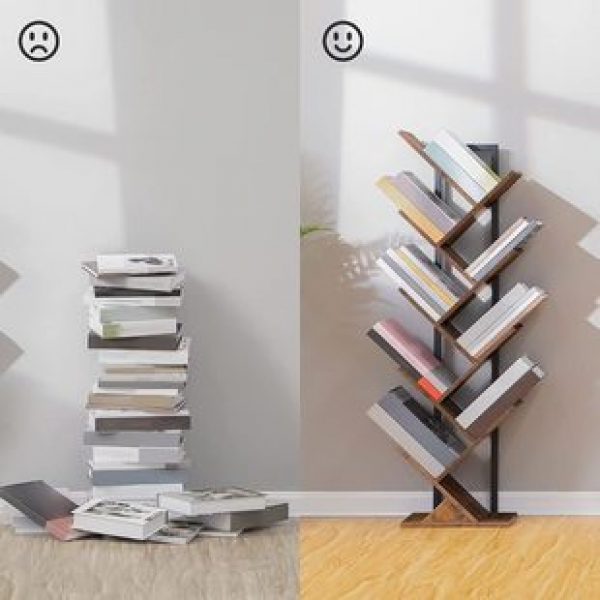 Iron wood combination multi-layer tree shaped bookshelf floor standing storage rack, home living room book storage and organizing rack, display rack