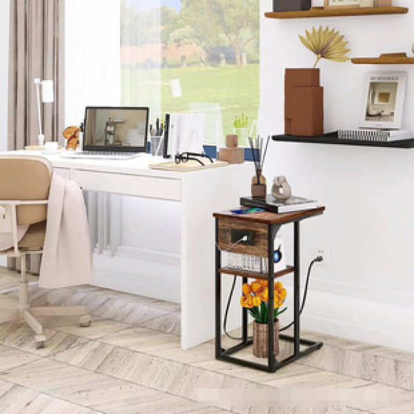 Manufacturer direct sales iron wood combined storage rack with charging function, multiple layers with sockets, sofa table, bedside table, trendy