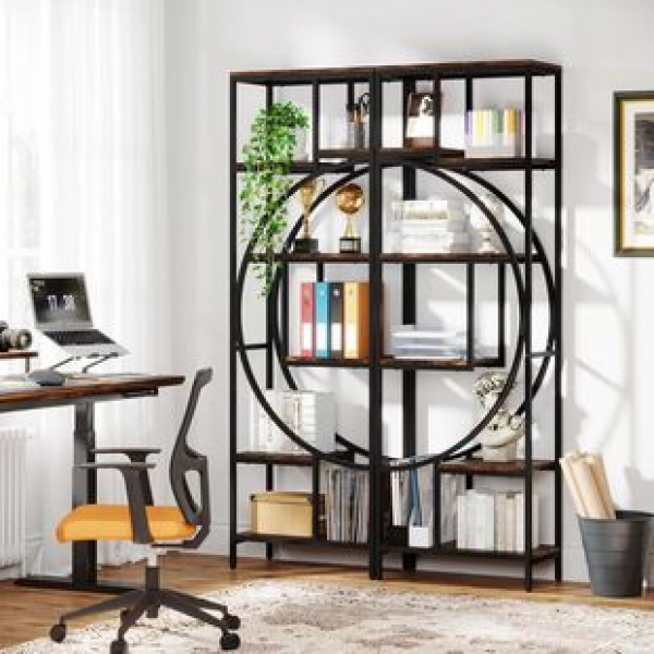 Modern minimalist home living room book display rack, floor standing storage rack, iron wood combined with potted plant storage display rack