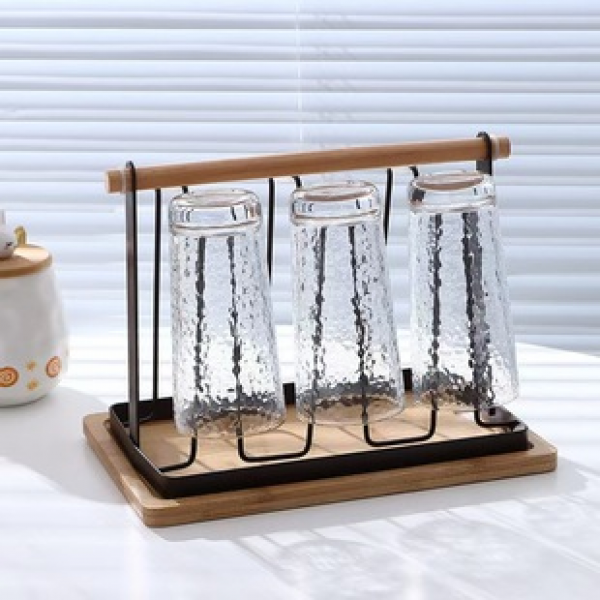 Kitchen cup storage rack with tray cup holder, Japanese style wrought iron drip cup holder, household wooden handle cup holder