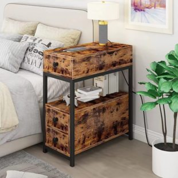 Cross border new iron wood combination household bedroom bedside table storage rack household side table with socket double-layer storage rack