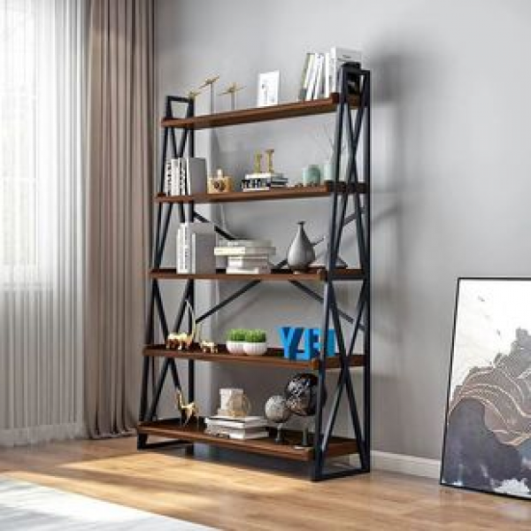 Modern minimalist trapezoidal study rack, home living room iron wood combination, floor standing book and miscellaneous storage and sorting rack, trendy