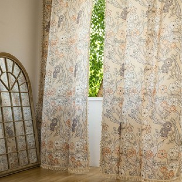 1PC New Fragrant Color Romantic Cherry Blossoms with Lace Curtains Living Room Bedroom Decoration Curtains Personalized Decoration Wearing Rod