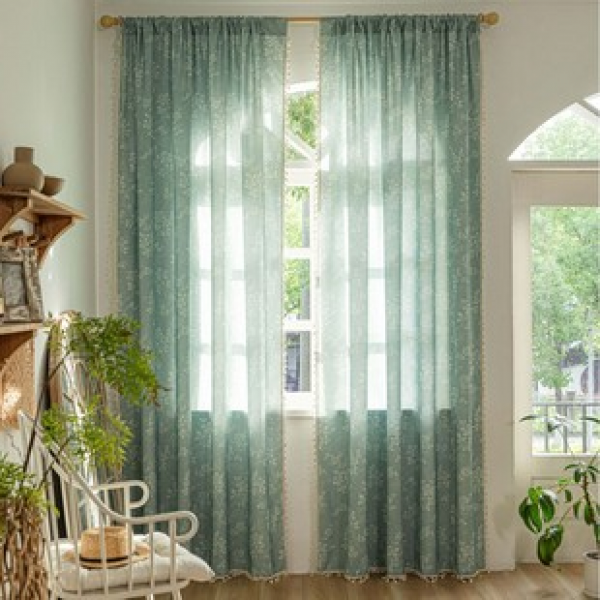 1PC New Green Romantic Cherry Blossoms with Lace Curtains Living Room Bedroom Decoration Curtains Personalized Decoration Pole Windows