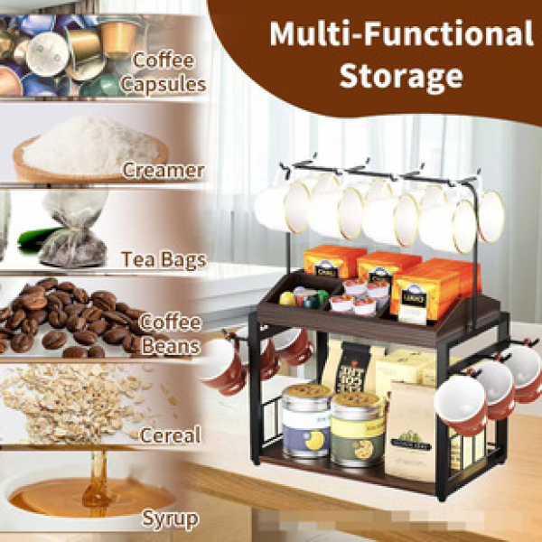 Cross border direct coffee bar storage rack, double-layer compartmentalized snack, sugar coffee capsule storage rack, mug hanging rack