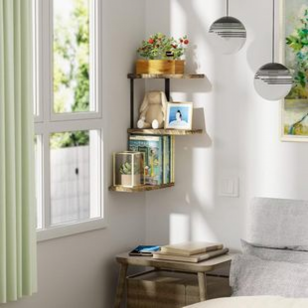 Cross border direct sales corner storage rack made of iron and wood combined with wall storage rack, bathroom floating partition, living room decoration hanging rack