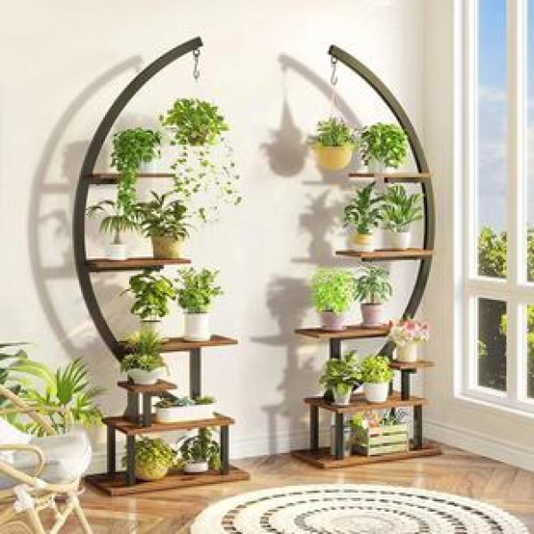 Home living room potted plant display rack, modern and simple indoor flower rack, iron wood combined with semi-circular multi-layer storage rack
