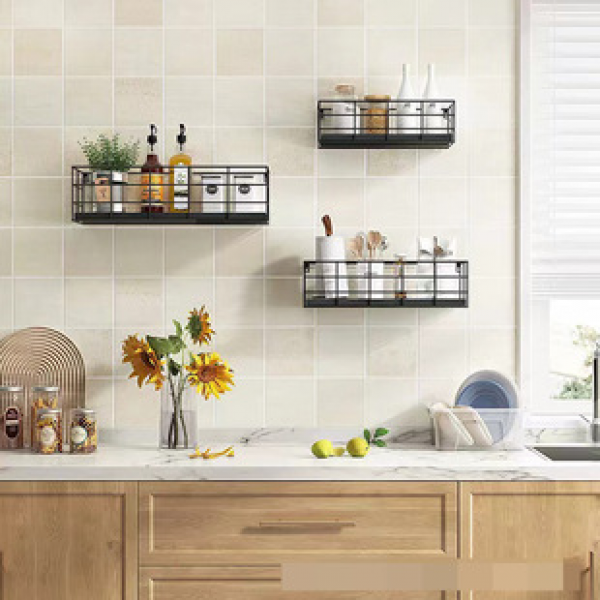 Modern minimalist living room kitchen wall shelf, iron mesh shelf, wall mounted iron wood combined shelf
