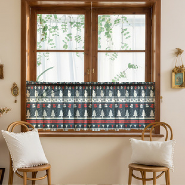 1PC multi-color patterned short curtain kitchen curtain half curtain cross-border Christmas small window decoration polyester cotton