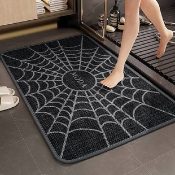 Halloween woven bathroom anti slip floor mat, water absorbing entrance square floor mat, spider web festive atmosphere door mat