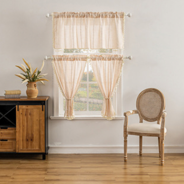 Manufacturer direct sales cross-border finished curtain three piece set embroidered solid color kitchen curtain Nordic style small curtain wholesale