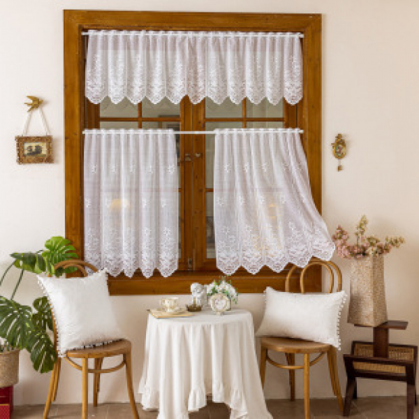 Cross border modern minimalist American European style short curtains, small curtains, kitchen curtains, warp knitted gauze curtains, pole piercing Japanese short curtains, in stock batch