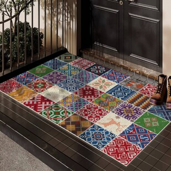 Cross border colored ethnic style entrance door anti slip floor mat, square silk circle American style entrance mat, home retro carpet