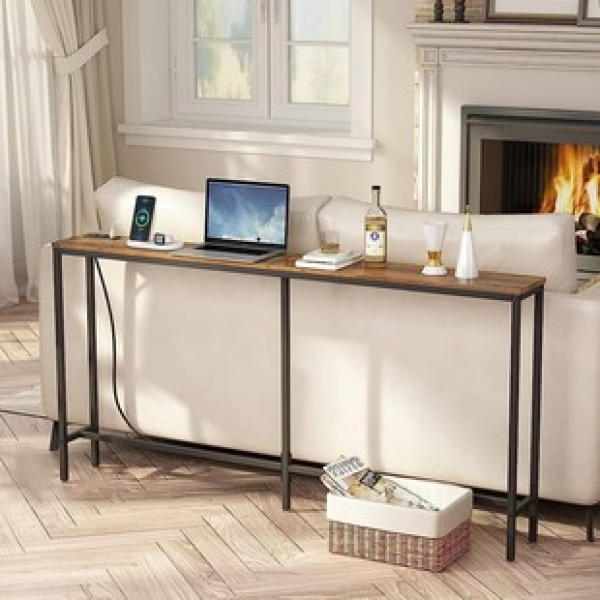 Retro American living room corridor with wall mounted socket entrance table, floor standing storage for home use, sofa side table