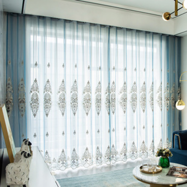 Keqiao manufacturer wholesales high-end European embroidered window screens for living rooms, bedrooms, balconies, and finished blue curtains for balconies