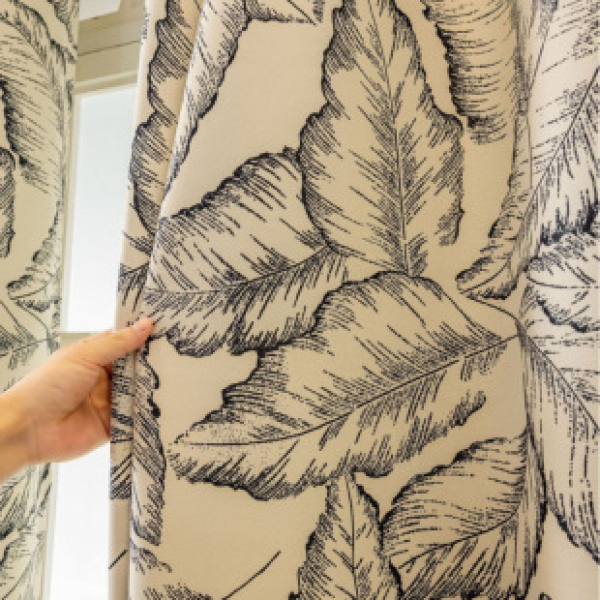 Manufacturer direct sales of black silk high-precision blackout fabric insulation curtains, French style curtains, cross-border leaf printed curtains