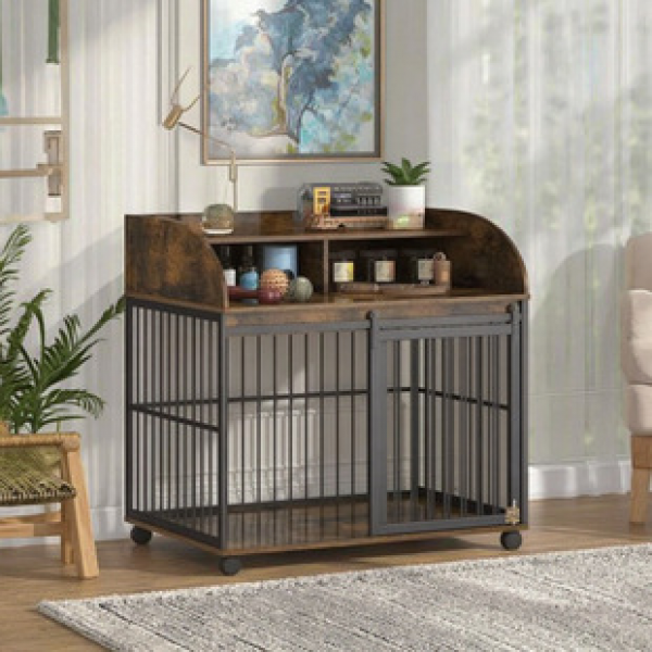 Cross border factory hot sale medium and large dog Flat noodles box indoor furniture wooden dog kennel pet cage with lockable wheel