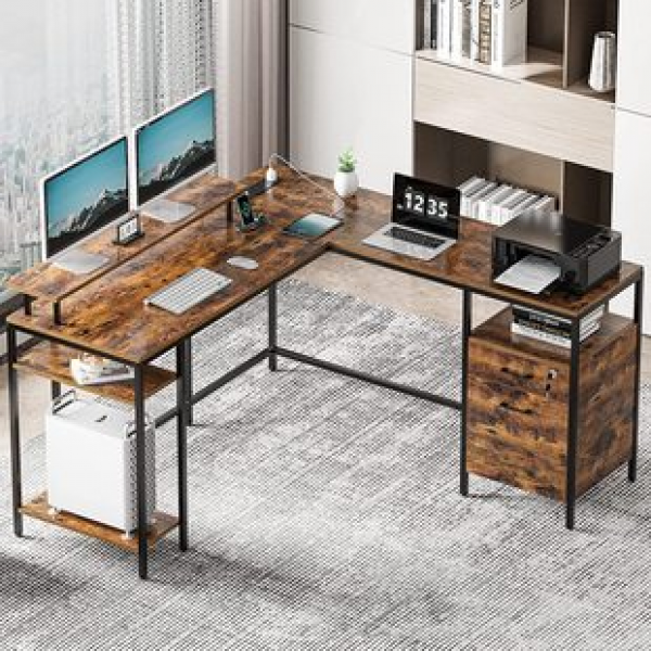 Cross border L-shaped office desk with power socket and filing cabinet, monitor stand and storage rack, corner desk