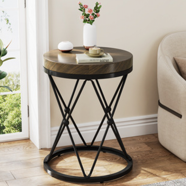Cross border direct sales iron solid wood tea table, modern and simple small tea table, ins style bedside table, small round table, storage rack table
