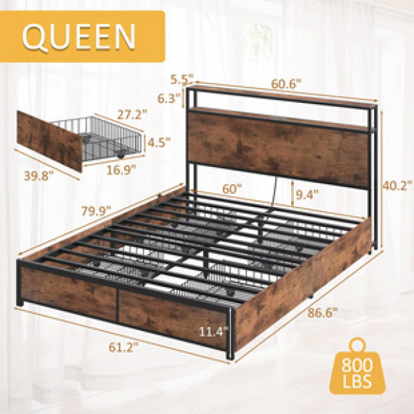 Cross border double bed with drawers, wrought iron bed, steel wood iron frame bed, thickened iron bed, modern minimalist bed, dormitory bed