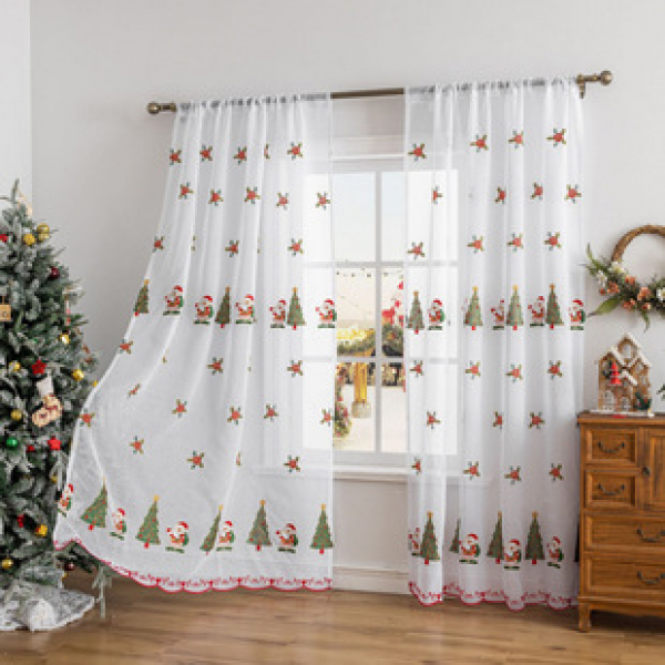 New American Christmas curtains, Christmas snowflake embroidered window screen, semi blackout white screen curtain, children's embroidered screen curtain