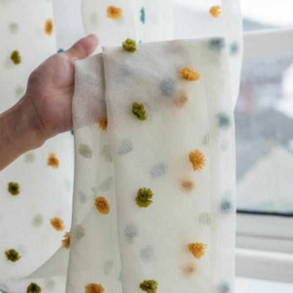 Cross border semi transparent macaron plush ball polka dots ins style children's window screen cute candy color cartoon style curtain