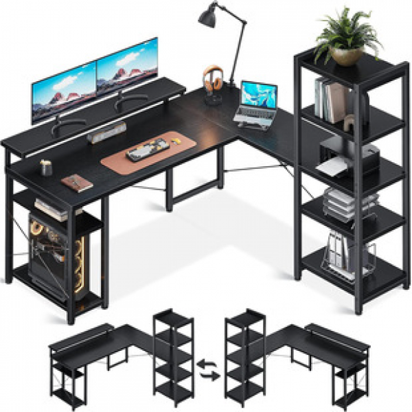 Factory direct sales home office game desk with storage rack on the side, L-shaped computer desk with headphone hook for storage space