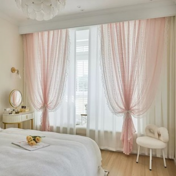 French girl pink lace window screen, white screen curtain, transparent but not transparent, new bedroom semi blackout princess style curtain screen