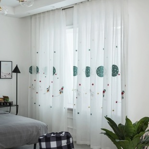 2025 minimalist modern children's room bedroom bay window curtain, spaceship cartoon boy semi blackout curtain, gauze curtain