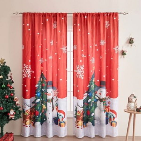 2PCS Red Hat Snowman Curtains Christmas Series Curtains Factory OEM Cross border Amazon