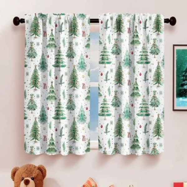 2PCS Blue Christmas Tree Short Curtain Christmas Curtains Window Curtains Christmas Series Curtains Factory OEM 3D Digital Printing