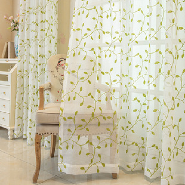 Cross border window screen curtains American Amazon Embroidered Green Leaf AliExpress Factory dropshipping Finished product screen curtain manufacturer wholesale