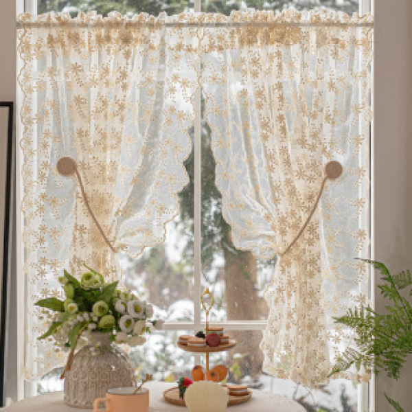 French cream lace gauze curtain, non perforated short curtain embroidery, half curtain, french window, small window, partition curtain