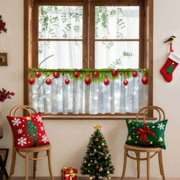 1PC Christmas style short curtain kitchen curtain half curtain cross-border Christmas small window decoration polyester cotton