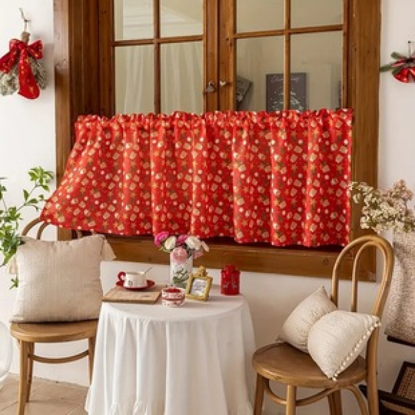 1PC New Red Embroidered Hole Short Curtain Curtains Living Room Bedroom Decoration Window Screens Curtains Personalized Decoration Pole Windows