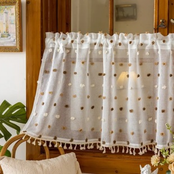 1pc small hair ball hanging tassel short curtain, through pole window curtain, home decoration small curtain, short curtain