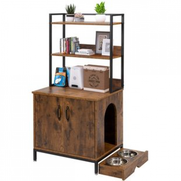 Customizable cat house furniture with 3-layer shelves and double door retro brown interior steel wood structure practical model