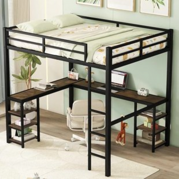 Small sized double layered metal bed frame for household use, integrated up and down beds, trendy multifunctional iron elevated bed, upper and lower tables