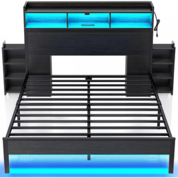 Factory cross-border hot selling American industrial wind steel wood structure double bed with storage space induction light strip main bed rest