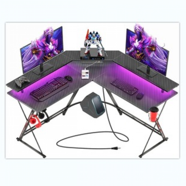 L-shaped RGB gaming table with socket, simple home gaming table, desktop computer desk, writing desk, office desk, trendy