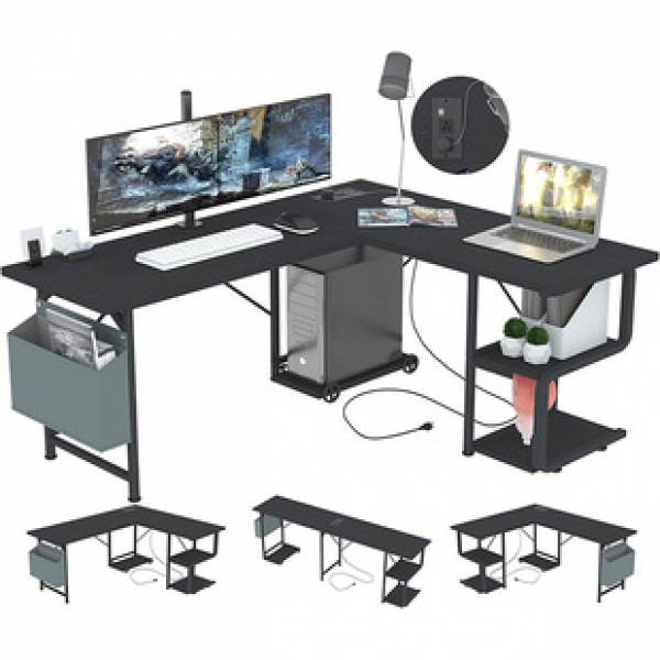 A reversible L office desk with a research desk shelf for writing Home office desk USB charging port and power socket