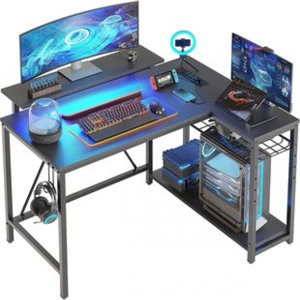 Reversible storage rack corner gaming table customizable L-shaped gaming table with power socket and LED display bracket