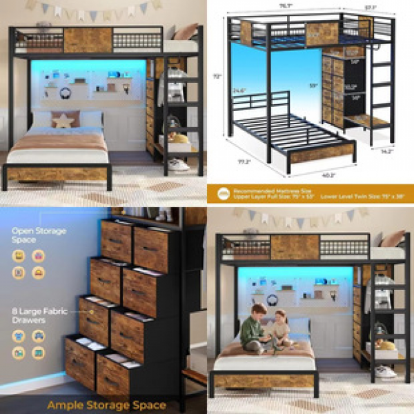 Double loft bed with cross-border desk and 8 storage drawers, metal loft bed with LED lights and charging station